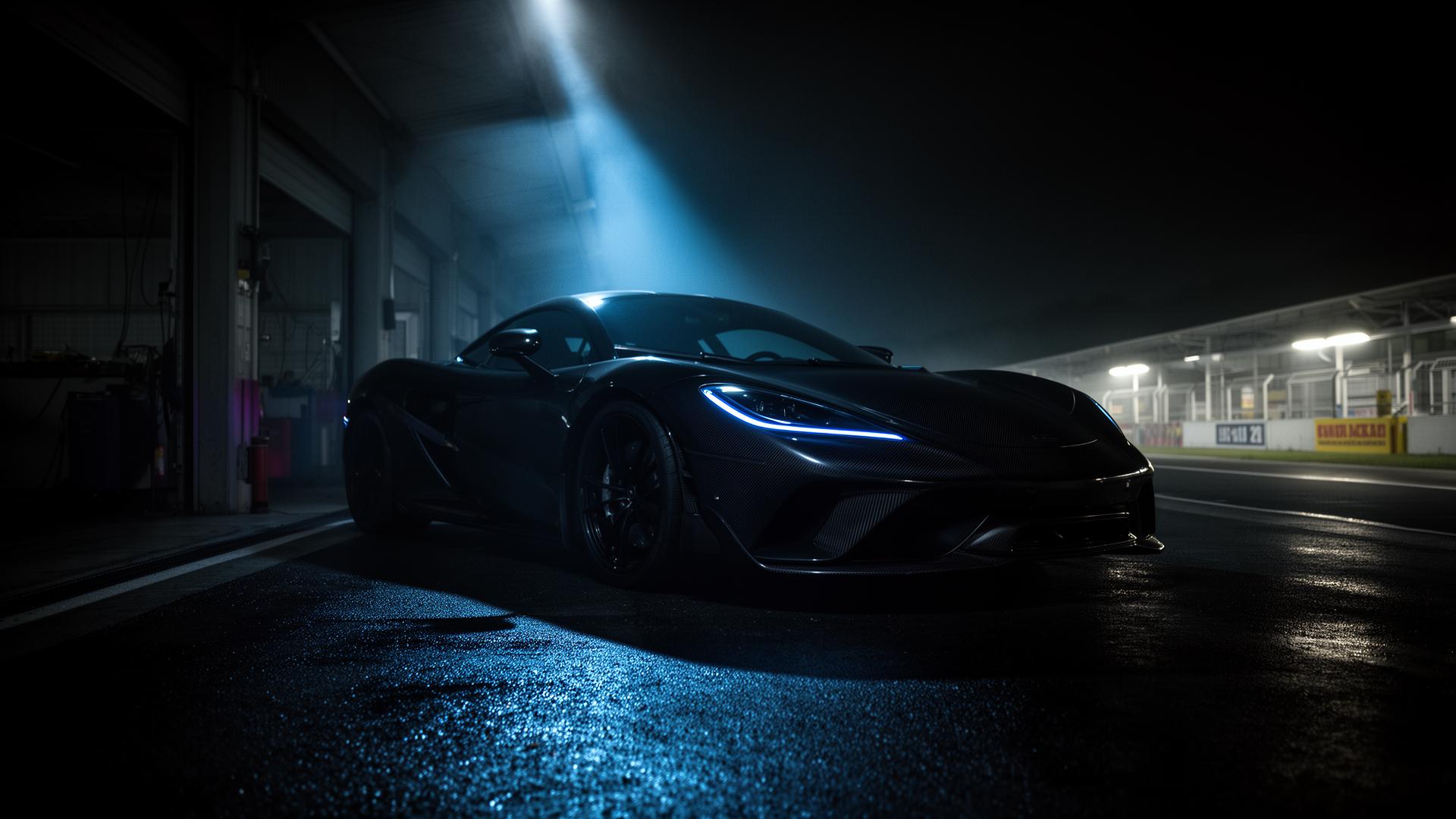 OCC Motorsport — coche performance en paddock nocturno